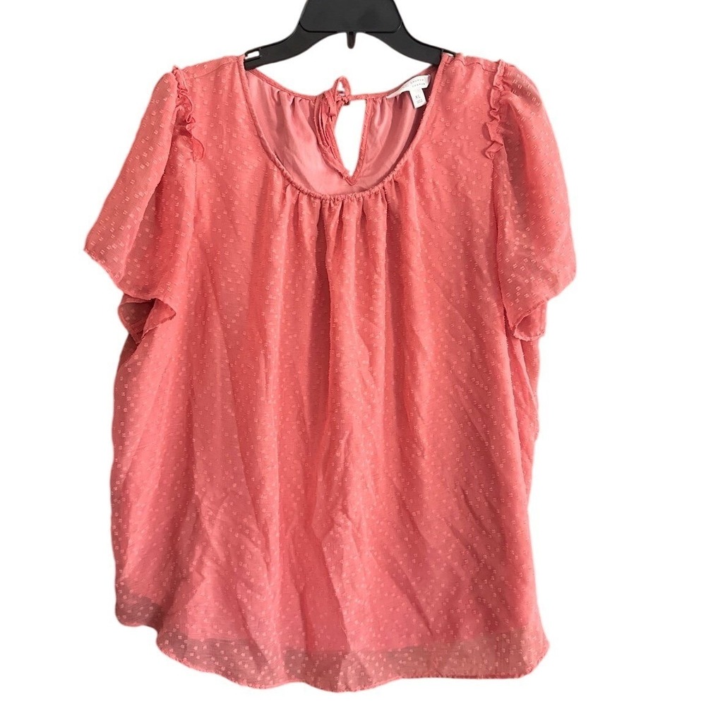 Lauren Conrad XL Blouse Swiss Dot Sheer Flutter‎ Sleeve Top Coral Pink